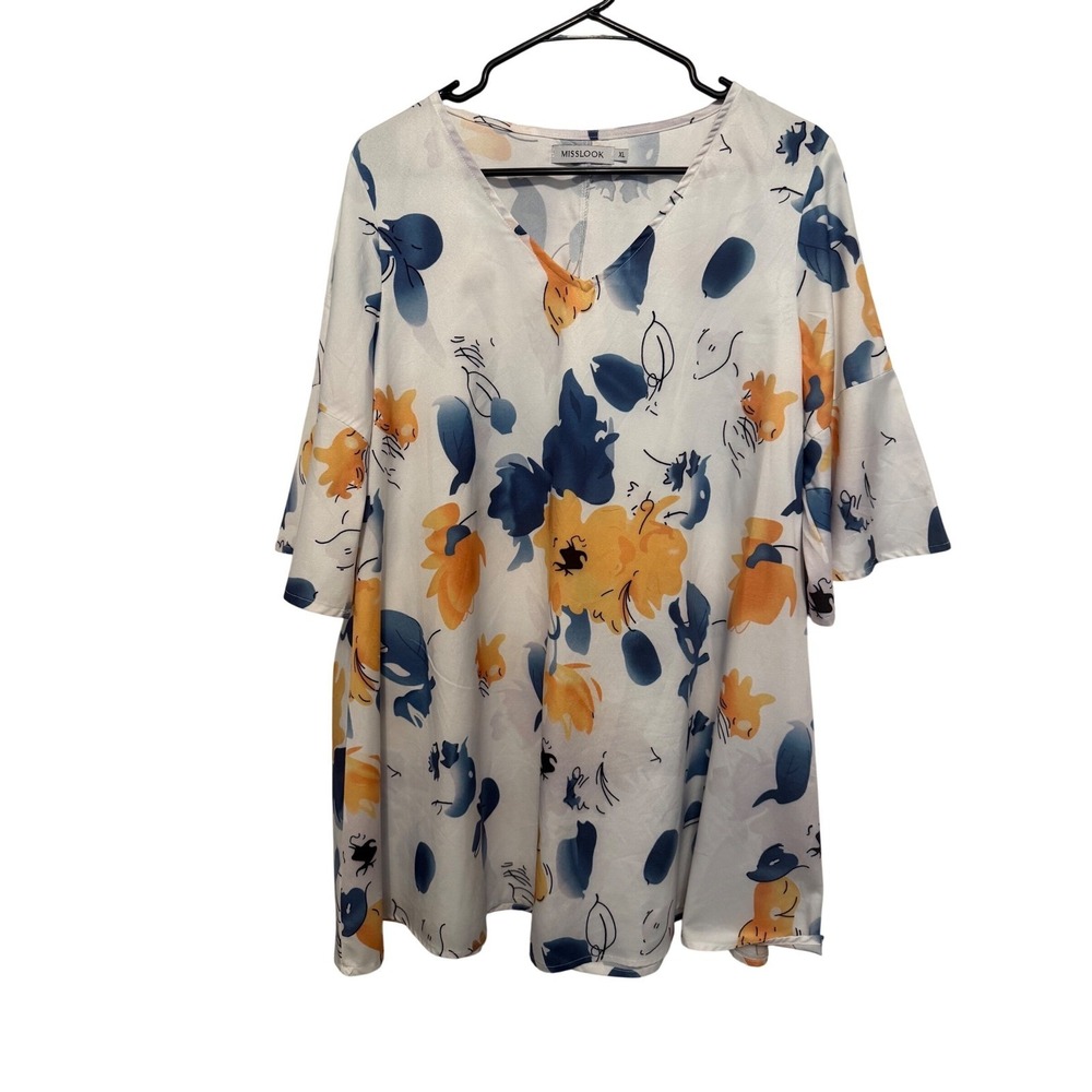 MISSLOOK Women XL White Floral Print V Neck 3/4 Bell Sleeve Casual Top Tunic